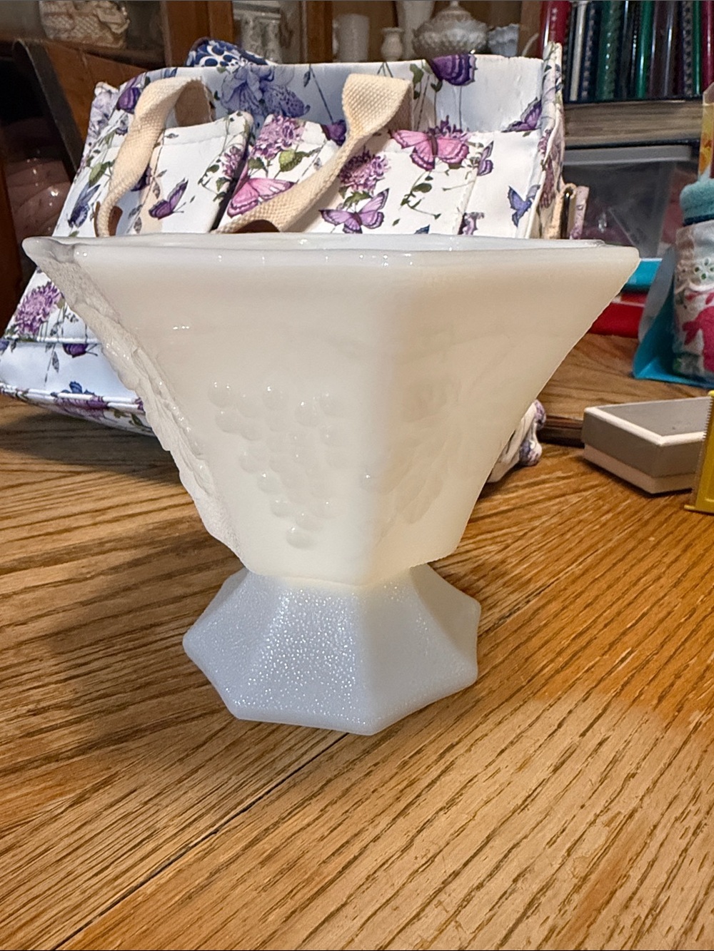 Source Unknown Cream Milk Glass Pedestal Vase with Grape Motif